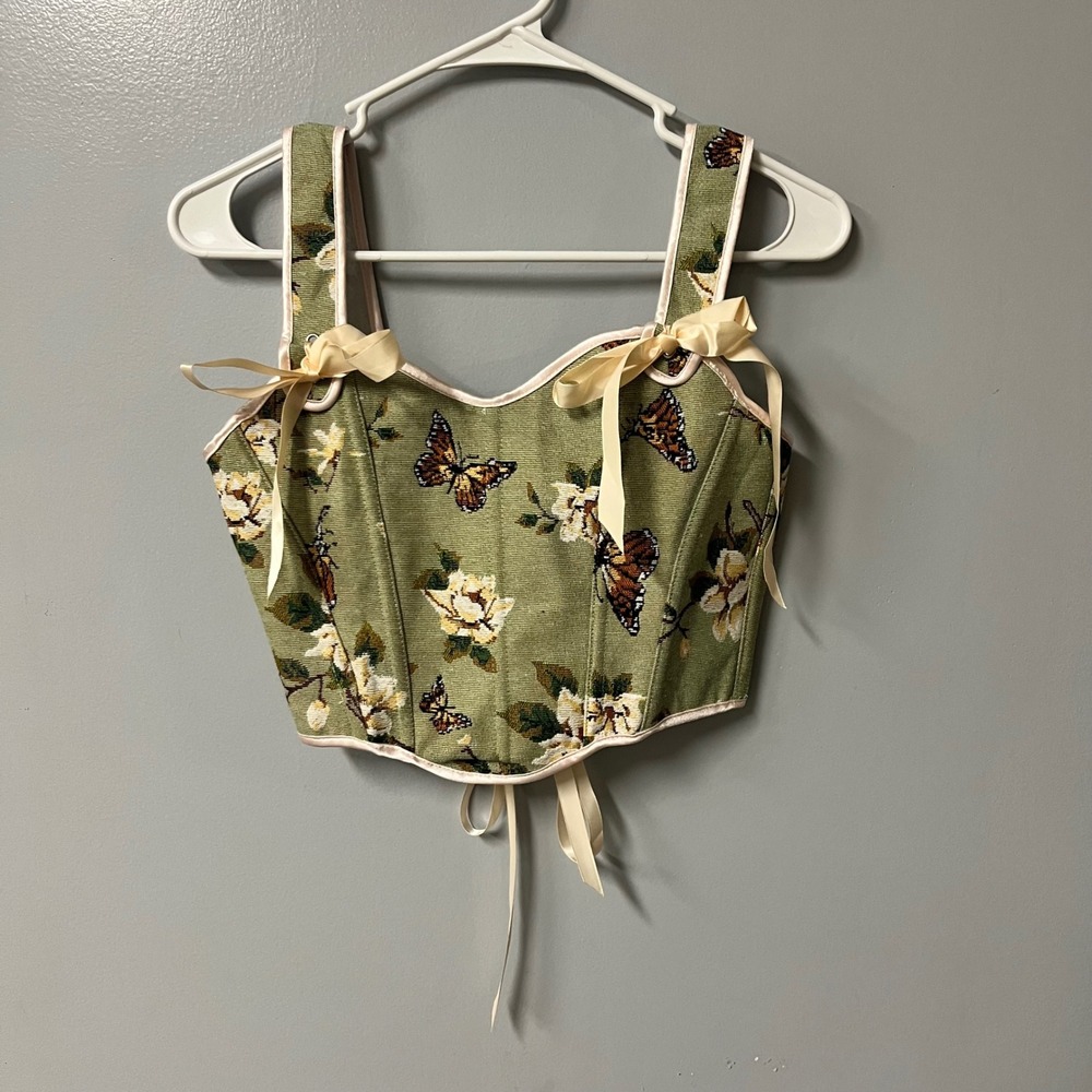 Sage Green Butterfly Floral Tapestry Corset Top Lace Up Bodice Cropped L fairy
